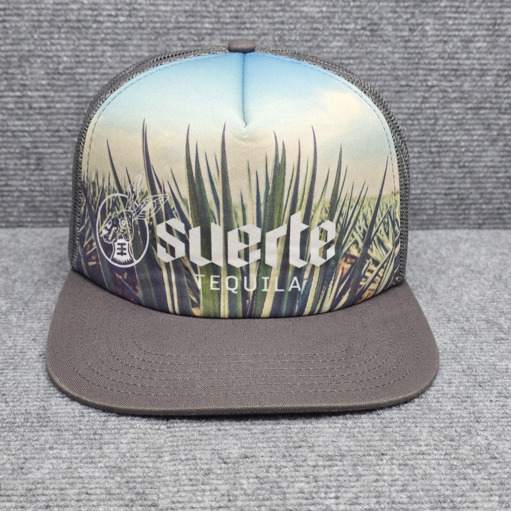 Suerte Tequila Hat Cap Snap Back Mens Foam Front Gray Mesh Trucker Agave Graphic